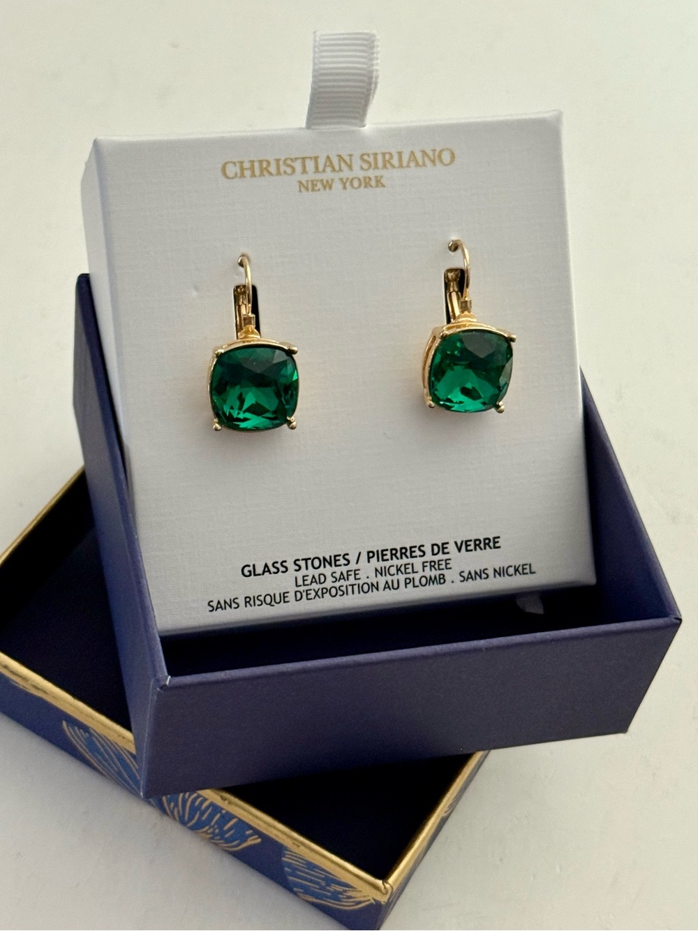 NEW IN BOX CHRISTIAN SIRIANO EMERALD COLOUR GLASS STONES GOLD-TONE EARRINGS